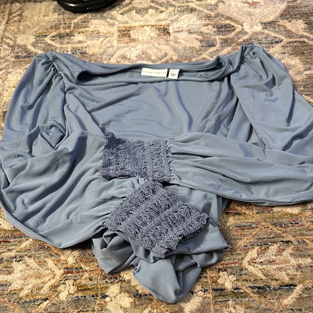 Susan Graver Slate Blue Blouse with Textured Cuffs - NWOT